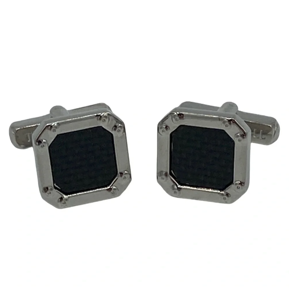NWT Thompson London Rhodium Plated Black Carbon Fiber Square Bolt Cufflinks